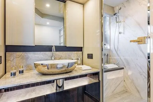 Slide: The Image of Luxurious yacht bathroom with marble shower and modern sink, Absolute Fly Co Ownership 2023 model. - 36