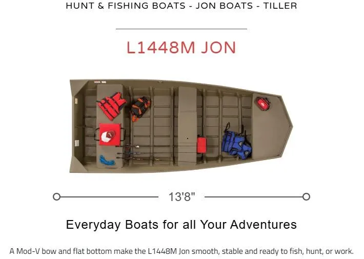 The Image of Lowe L1448M Jon boat, 2025 model, top view, equipped for fishing and hunting. - 0