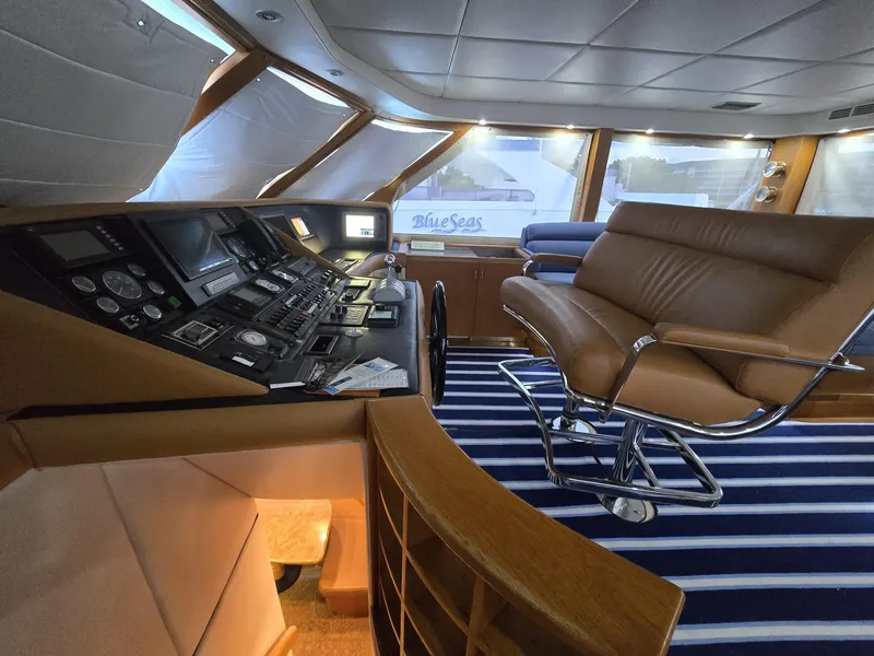 Slide: The Image of Luxurious helm of 1994 Hatteras 82 Convertible yacht with leather seating and control panel. - 14