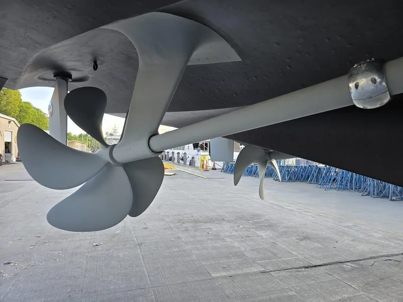 Slide: The Image of Propeller of 1994 Hatteras 82 Convertible yacht, docked for maintenance. - 46