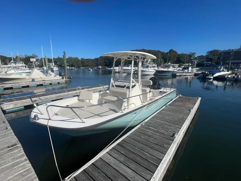 The Image of 2021 Boston Whaler 210 Montauk boat docked in a marina under clear blue skies. - 0