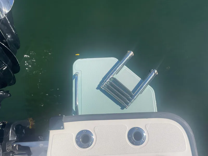 Slide: The Image of 2021 Boston Whaler 210 Montauk swim platform with ladder in water. - 13