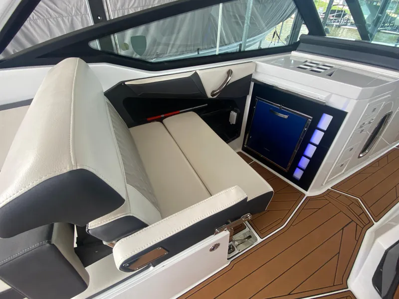 Slide: The Image of 2022 Monterey 385 Super Sport interior with sleek seating and modern dashboard design. - 30