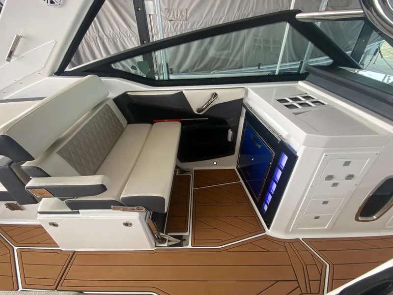 Slide: The Image of 2022 Monterey 385 Super Sport interior with sleek seating and modern dashboard design. - 31