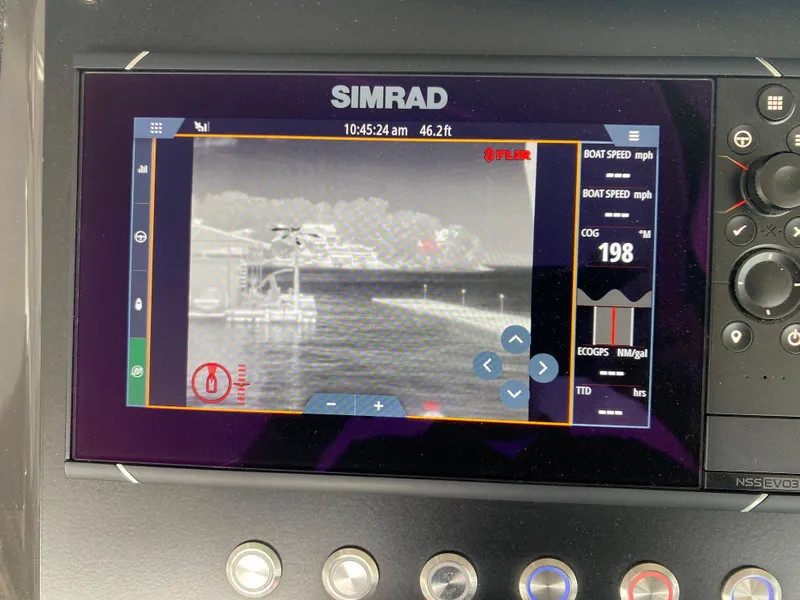 Slide: The Image of Simrad navigation display on 2022 Monterey 385 Super Sport boat, showing thermal imaging and speed data. - 39
