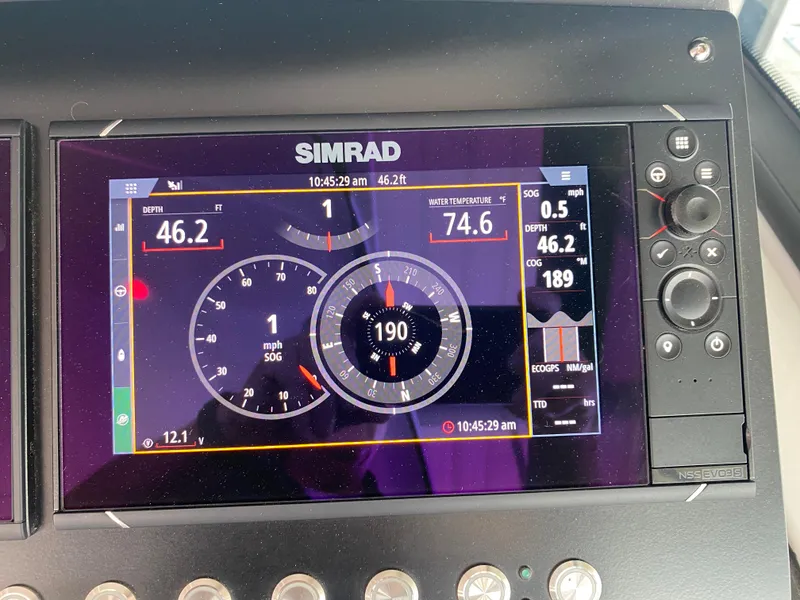 Slide: The Image of Simrad display on 2022 Monterey 385 Super Sport showing depth, speed, and water temperature. - 40