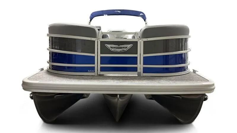 Slide: The Image of 2025 Bennington 22 MFB pontoon boat, front view, showcasing sleek design and modern features. - 2