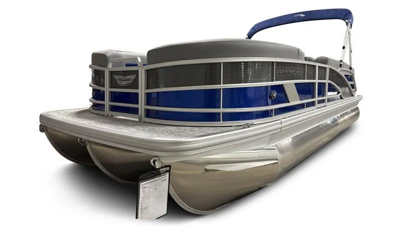 Slide: The Image of 2025 Bennington 22 MFB pontoon boat, blue and gray design, side view. - 3