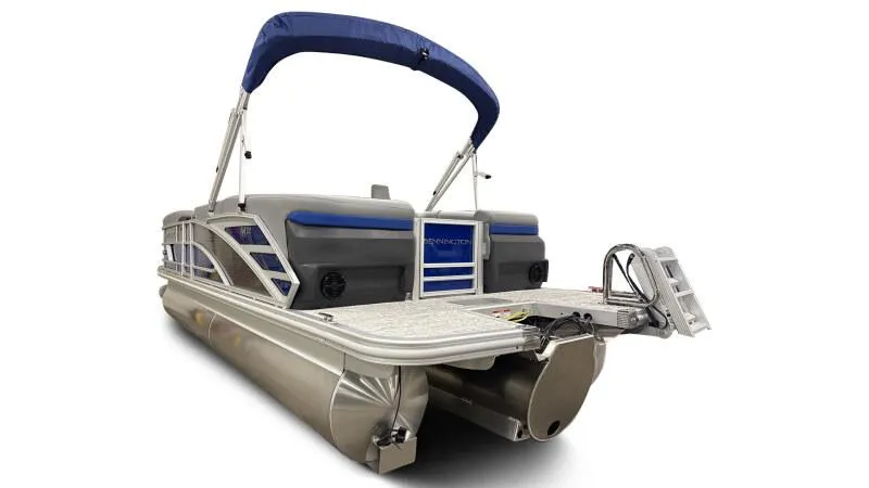 Slide: The Image of 2025 Bennington 22 MFB pontoon boat with blue canopy and sleek design. - 5