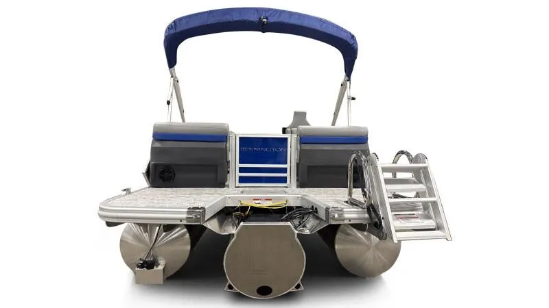 Slide: The Image of 2025 Bennington 22 MFB pontoon boat with blue canopy and rear ladder. - 6