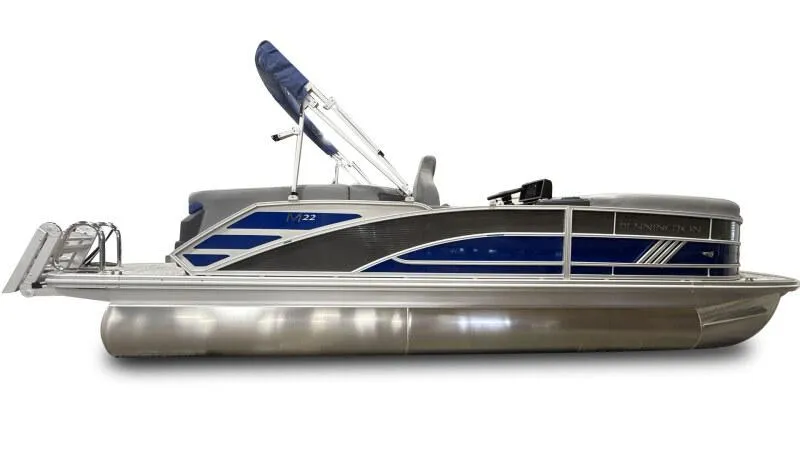 Slide: The Image of 2025 Bennington 22 MFB pontoon boat with sleek design and blue accents. - 8