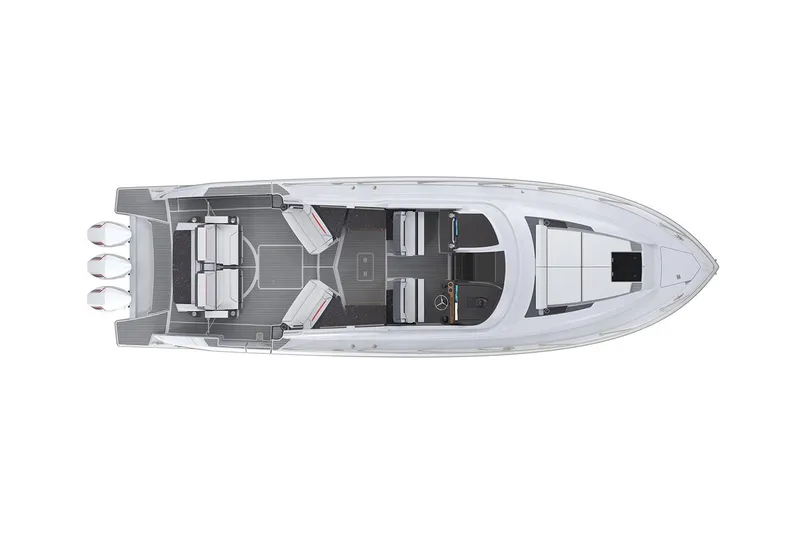 Slide: The Image of Top view of 2022 Tiara Yachts 43 LE boat layout with triple engines. - 35