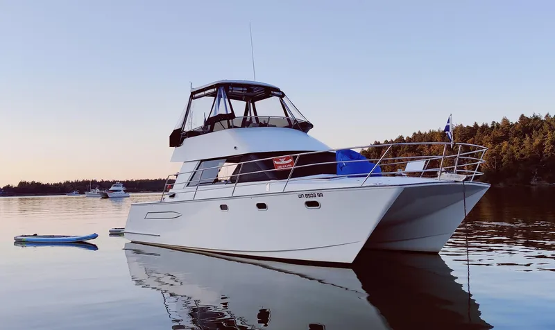 The Image of 1997 Roger Hill 11.2m Powercat on calm water at sunset, with trees in the background. - 0