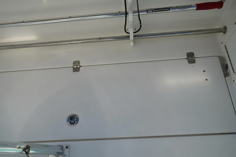 Slide: The Image of 2014 Edgewater 245CC boat interior with storage compartment and telescoping handle. - 22