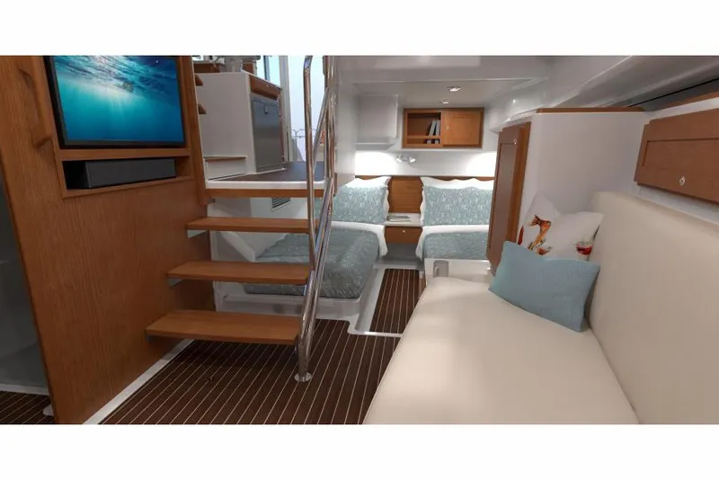Slide: The Image of 2026 Back Cove 39O yacht interior with modern design, cozy seating, and wooden accents. - 12