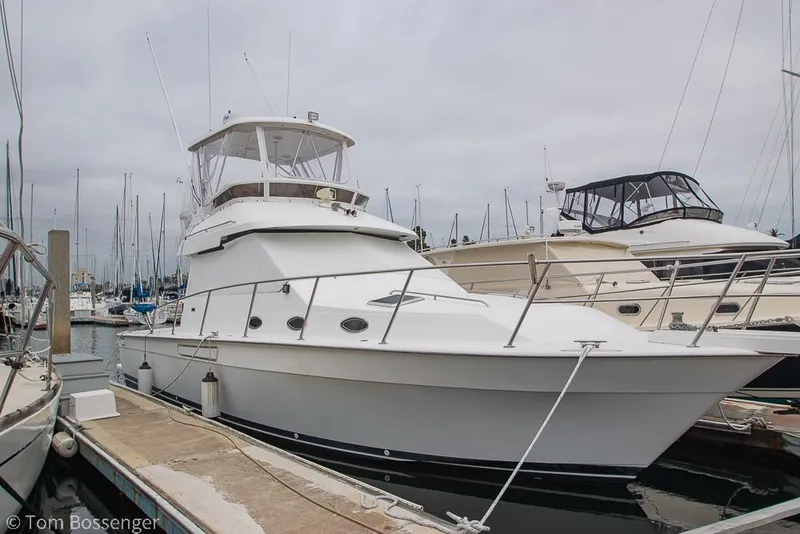 The Image of 1996 Mediterranean 38 Convertible yacht docked at marina, overcast sky. - 1