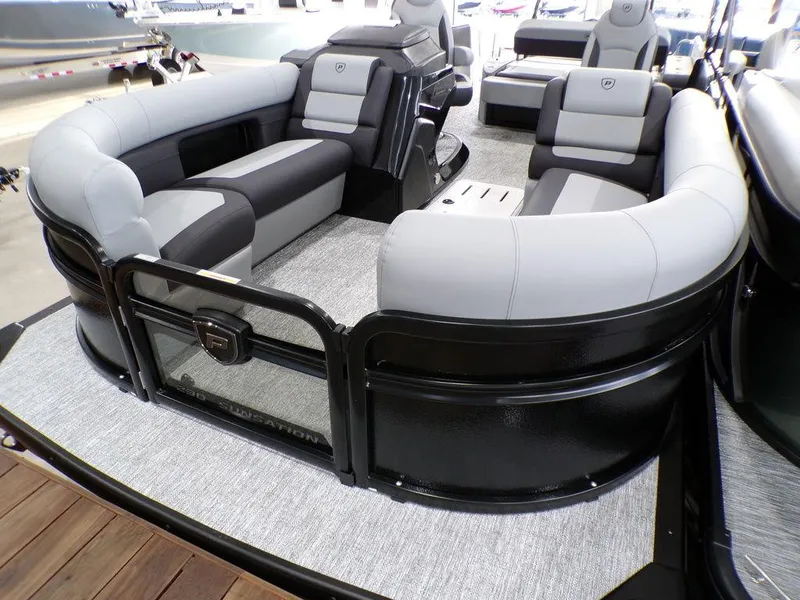 Slide: The Image of 2025 Premier 230 Sunsation RL pontoon boat with luxurious seating and modern design. - 18