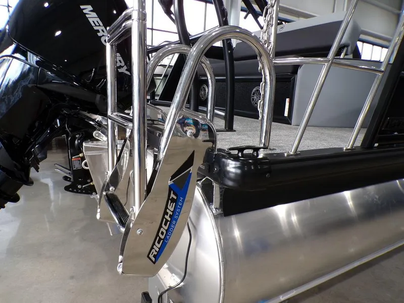 Slide: The Image of 2025 Premier 230 Sunsation RL pontoon boat with Ricochet ladder and Mercury engine. - 27
