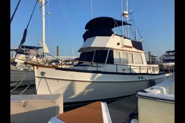 Slide: The Image of 1978 Grand Banks 36 Classic yacht docked at marina under clear blue sky. - 34