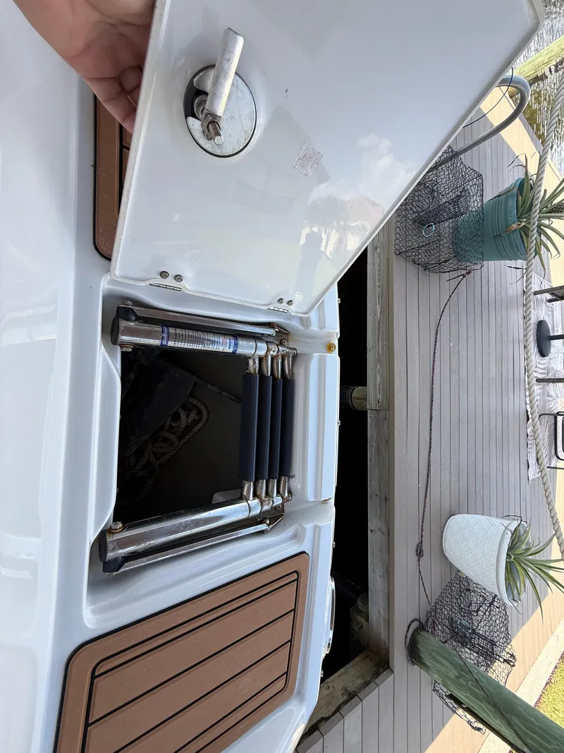 Slide: The Image of 2019 Crownline Eclipse E255 XS boat ladder compartment, open on a dock. - 17