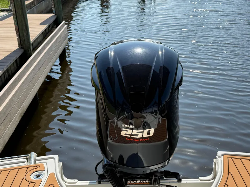 Slide: The Image of 2019 Crownline Eclipse E255 XS with Yamaha 250 outboard motor on a calm waterway. - 18