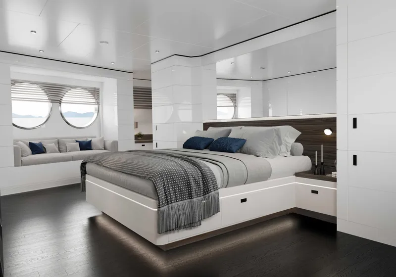 Slide: The Image of Luxurious bedroom interior on 2027 Custom Tufan and Brothers Mako Shark yacht. - 10