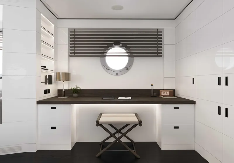 Slide: The Image of Modern yacht interior with sleek white cabinetry, circular window, and minimalist decor, 2027 Tufan and Brothers Mako Shark. - 13