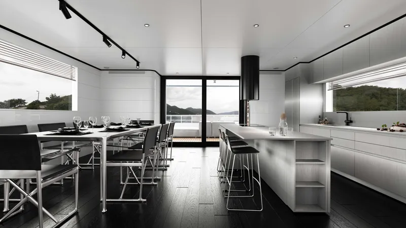 Slide: The Image of Modern yacht interior with sleek dining area, minimalist design, and panoramic windows. - 15