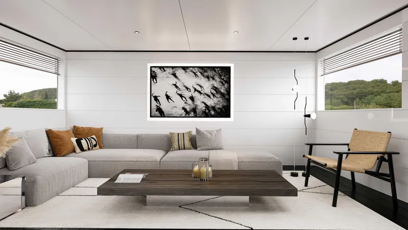 Slide: The Image of Modern living room with gray sectional sofa, abstract wall art, and large windows. - 20