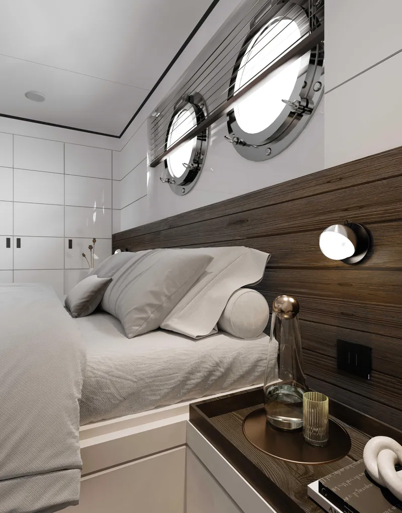 Slide: The Image of Luxurious yacht bedroom with portholes, modern decor, and elegant bedding, 2027 Tufan and Brothers Mako Shark. - 24