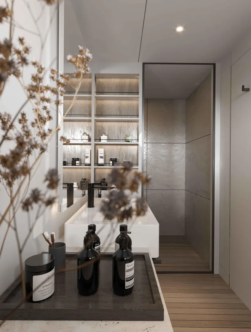 Slide: The Image of Modern bathroom with sleek design, featuring wooden shelves and elegant decor, 2027 Tufan and Brothers Mako Shark. - 26