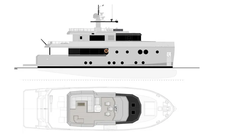 Slide: The Image of Custom Tufan and Brothers Mako Shark 2027 yacht design, side and top view, sleek and modern. - 31