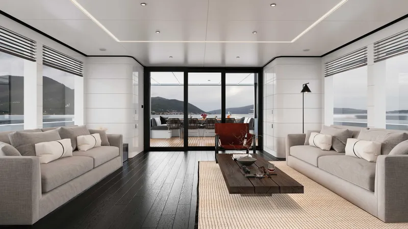 Slide: The Image of Luxurious yacht interior with modern decor, featuring sofas and a wooden coffee table, 2027 model. - 6