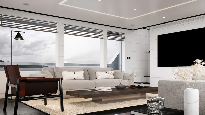 Slide: The Image of Modern yacht interior with sleek design, featuring a spacious lounge area and large windows. - 8