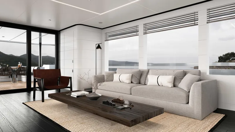 Slide: The Image of Modern yacht interior with sleek design, featuring a comfortable sofa and panoramic ocean views. - 9