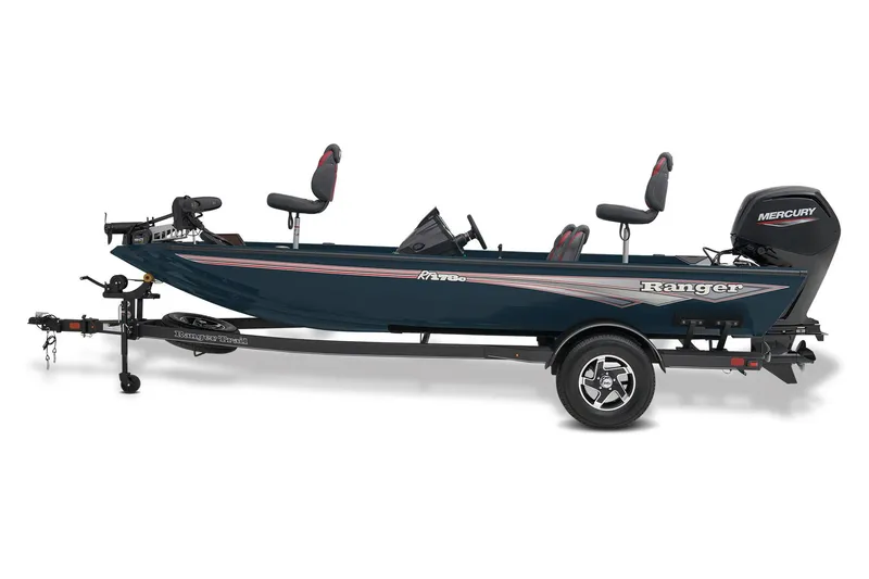 Slide: The Image of 2025 Ranger RT178C boat with Mercury engine outside Bass Pro Shops. - 2