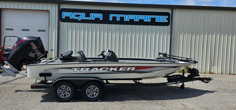 The Image of 2025 Tracker Savage 215 boat on trailer outside Aqua Marine building. - 0