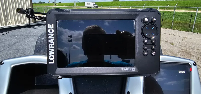 Slide: The Image of Lowrance fish finder on 2025 Tracker Savage 215 boat dashboard. - 12