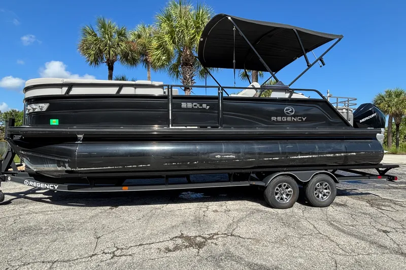 The Image of 2023 Regency 230 LE3 Sport pontoon boat on trailer, parked under palm trees. - 0