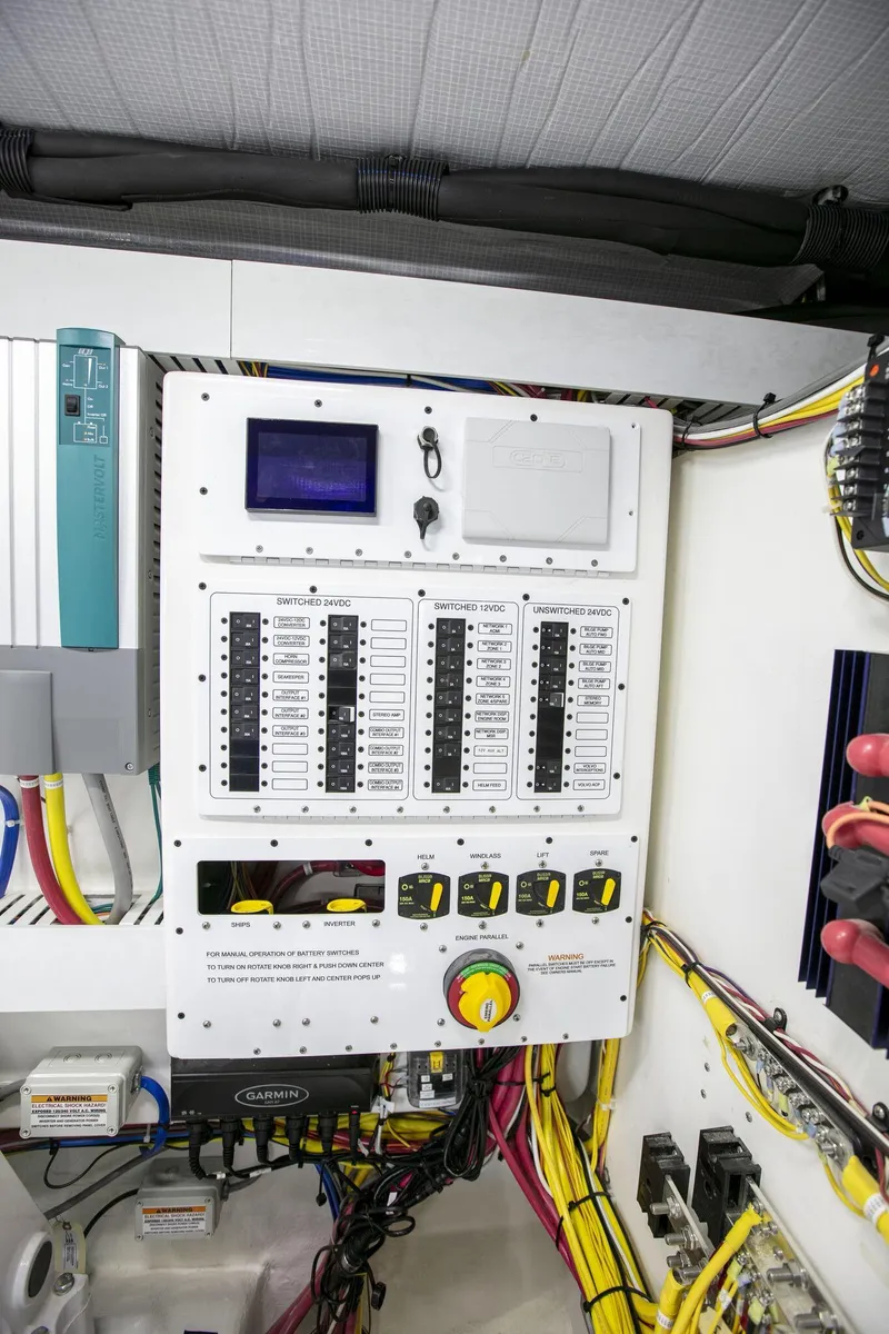 Slide: The Image of Electrical panel of 2026 Sabre 58 Salon Express with labeled switches and wiring. - 30