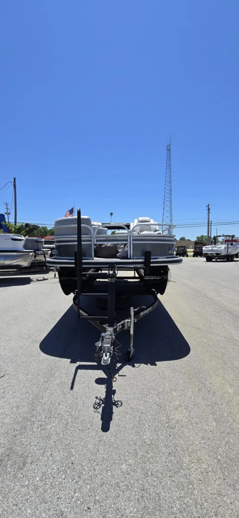 Slide: The Image of 2020 Ranger Reata 220FC boat on trailer under clear blue sky. - 8