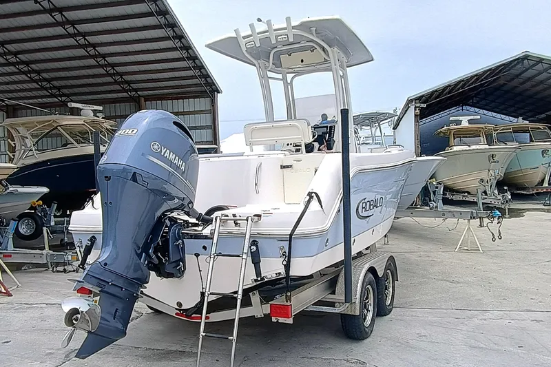 Slide: The Image of 2023 Robalo R222 Center Console boat with Yamaha engine on trailer in marina. - 8
