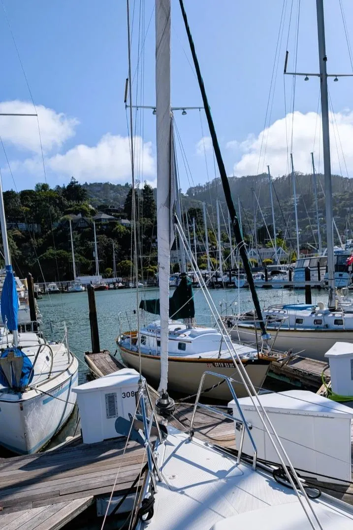 Slide: The Image of Sailboats docked at a marina, featuring a 2014 Hanse 325 under clear skies. - 28