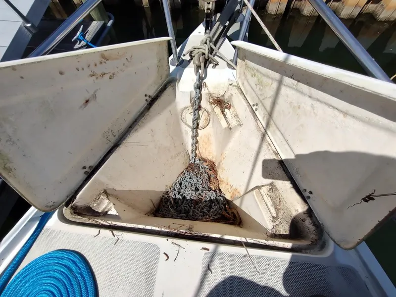 Slide: The Image of Anchor chain locker on 1987 Catalina C-34 sailboat, open with visible chain and rope. - 7