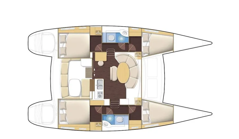 Slide: The Image of Floor plan of 2019 Lagoon 380 S2 4/2 catamaran, featuring cabins and living area. - 47