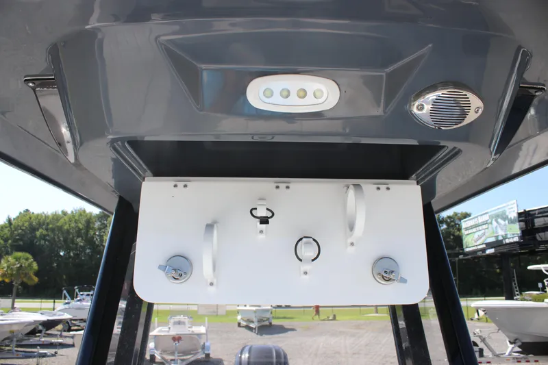 Slide: The Image of 2025 Sea Fox 251 Bay Fox boat console with speakers and lighting. - 24