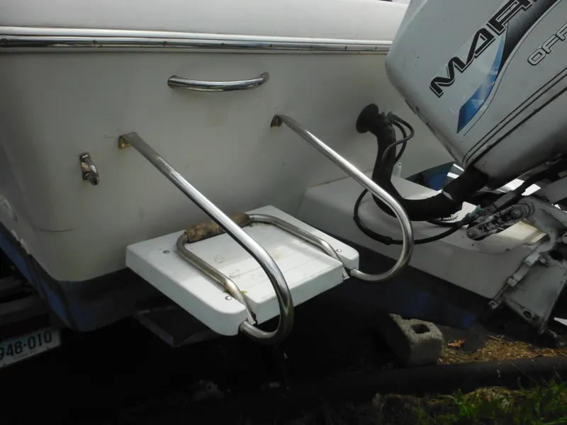 Slide: The Image of 1997 Pro-Line 231 WA boat with outboard motor and swim ladder. - 10