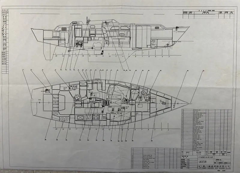 Slide: The Image of Blueprint of a 2004 Passport 470 yacht, showcasing detailed interior and exterior layouts. - 25