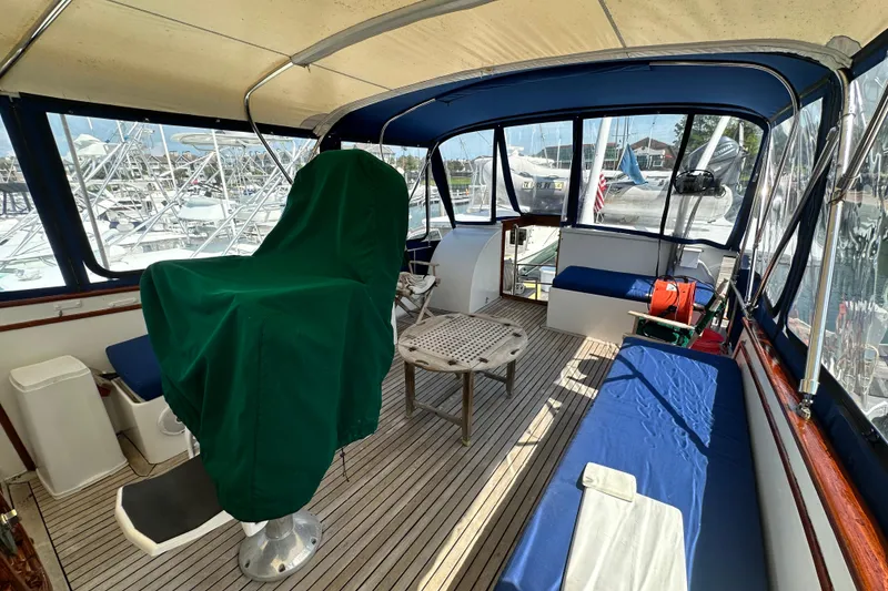 Slide: The Image of 1980 Island Gypsy Flush Aft Deck Trawler-Motor Yacht interior with seating and covered helm. - 24