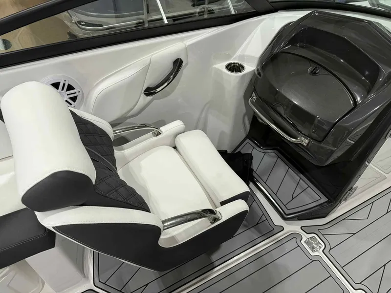 Slide: The Image of Luxury interior of 2025 Monterey M4 boat with sleek seating and modern dashboard. - 10